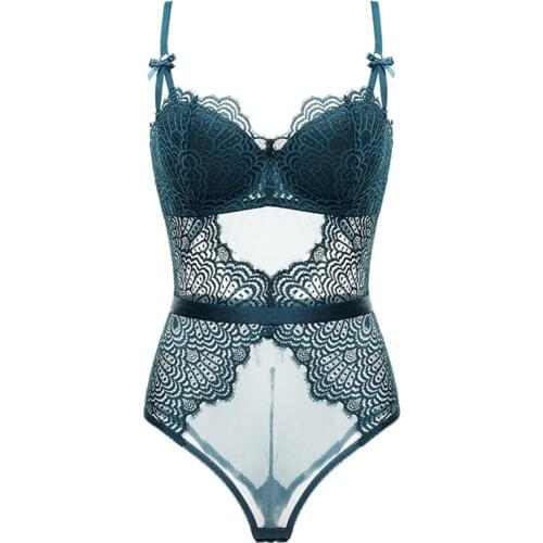 Bodysuit Womens Hollow Out Sexy Lace Bustier Shapewear Lightly Lined Push Up Built-in Cups Underwire Charming Corset Green