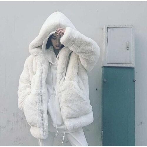 Women 2021 Winter Fashion Loose Thick Plush Coats Female New Imitation Rex Rabbit Fur Jackets Ladies Long Hooded Overcoats R338