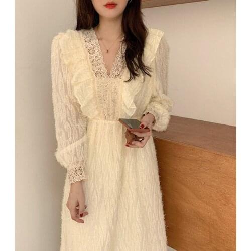 Vintage Korean Style White Lace Embroidery Dresses Party A-Line Loose Spring 2021 Fairy Elegant Dress Women Winter Long Sleeve