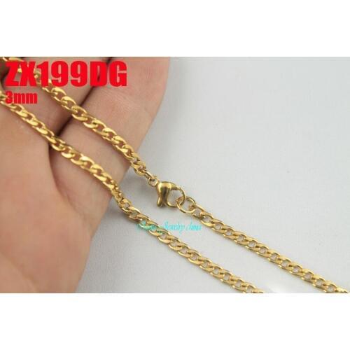 16"-38" golden color 3mm Cuban chain stainless steel necklace Cuba chain sweater chain fashion jewelry 20pcs ZX199DG