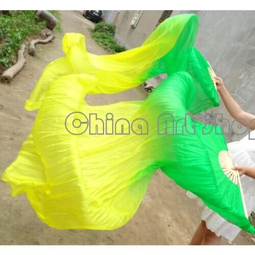 2 fans) 1 pairs of left + right 100% silk belly dance fan of the veil of green yellow (1.5 2.0m M1.8m) shipping freedom