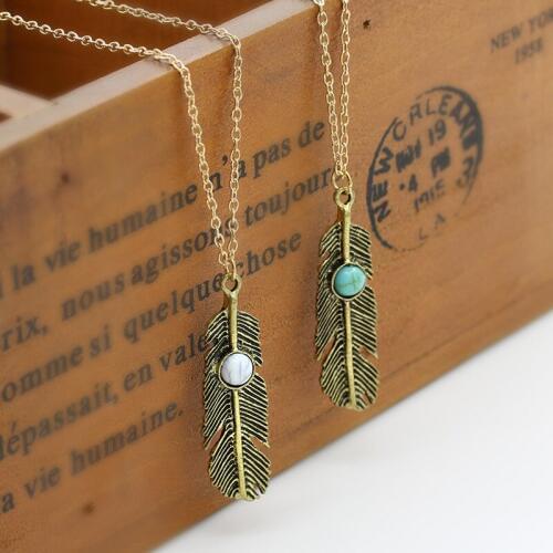 30 piece/lot Feather Tassel Necklace Gold Color Silver Leaf Link Chain Blue Beads Pendant Charm Women Jewelry Accessories Choker