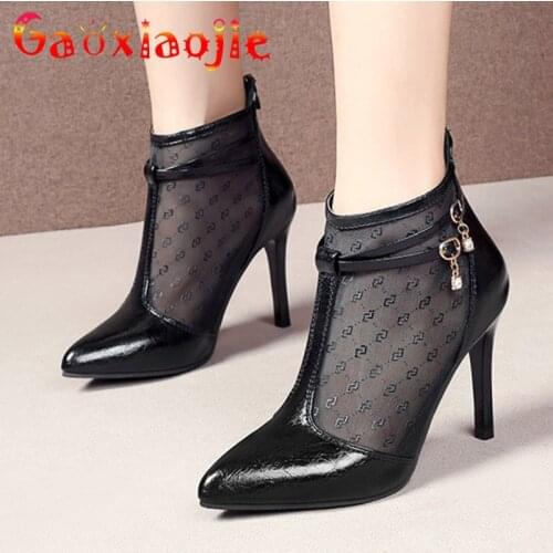 New Gauze Sandals Summer Leather Pointed End Womer Hollow Out Ankle Boots 9CM Zip Water Drill Buckle Breathable High Heel Shoes