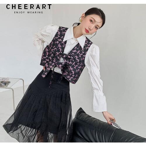 CHEERART Korean Fashion Vest Top 2021 Fashion Women Bow Waistcoat Summer Crop Jacket Vintage Kawaii Vest Pink Black Sleevless
