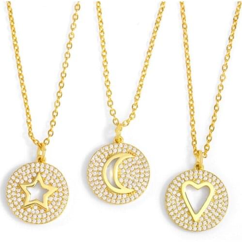 FLOLA Gold Plated Round Moon And Star Necklace For Women CZ Pave Heart Pendant Necklace Cubic Zirconia Wholesale Jewelry nkeu93