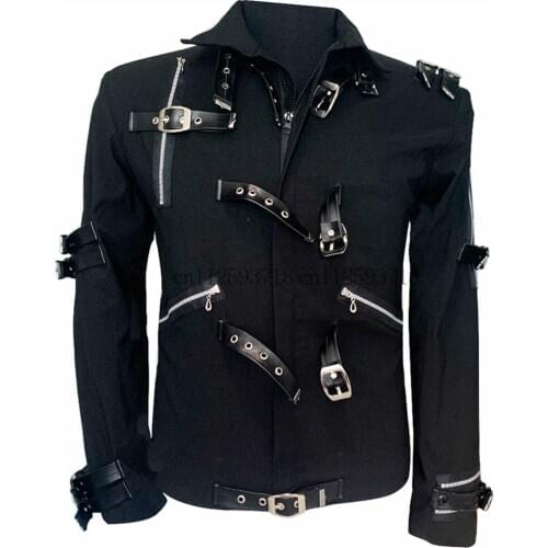 MJ Michael Jackson BAD Concert Jacket with Punk Rivet Black Outwear