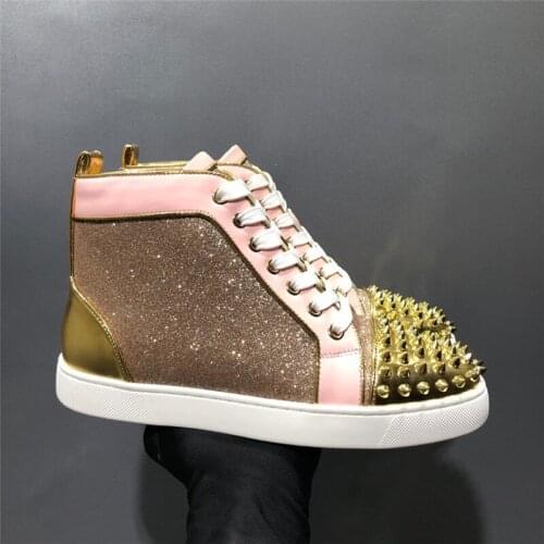 Mens Sports Casual Shoes Mixed Colors Front Golden Rivets Yellow Summer Lace-Up Round Toe Flat Leather Soft Lightweight Sneaker