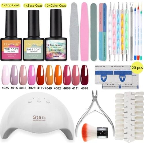 Clou Beaute Nail set 12W UV LED LAMP for Manicure 10 Pcs Gel nail polish 8 ML Top Base Semi Permanent Varnish Nail Art Tools