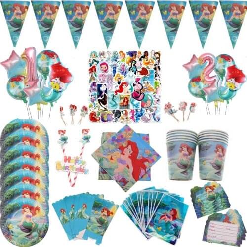Disney Mermaid Ariel Theme Girl Kids Birthday Party Decoration Plate Napkins Banner Disposable Tableware Set Baby Shower Supply
