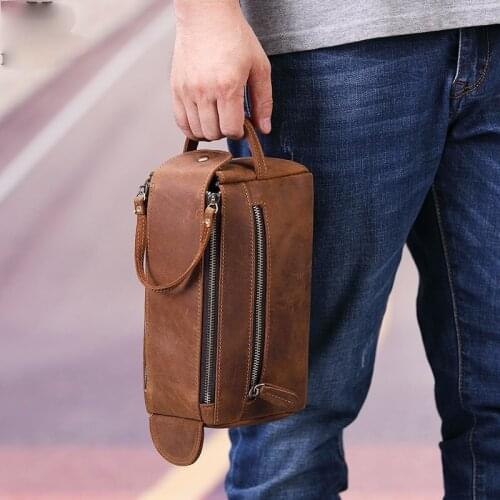 New retro leather wash bag, crazy horse leather multi-function storage bag, casual fashion mens clutch