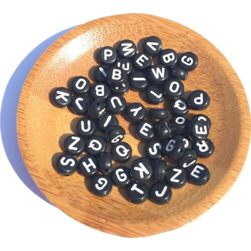 Wholesale 3600PCs/Lot 4*7MM Flat Coin Round Shape Acylic Letters Beads Black with White Alphabet Initial Printed Plastic Beads