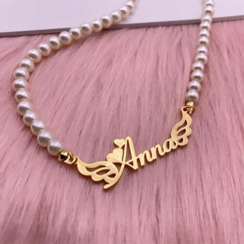 Custom Name Necklace Pearl Chain Necklace Personalized Nameplate Necklace Vintage Jewelry Angel Wings Choker Mothers Day Gift