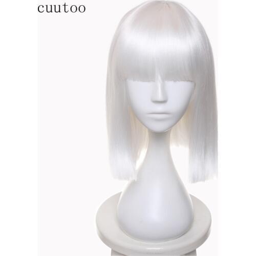 Ccutoo 40cm White Short Flat Bangs Straight Synthetic Party Hair Cosplay Costume Wigs Heat Resistance Fiber