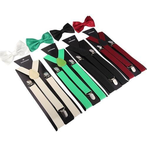 New Solid Color Mans Belt Bowtie Set Men Women Suspenders Polyester Y-Back Braces Multi-color Bow Tie Adjustable Elastic