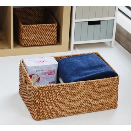 Natural rattan rectangular with handle rattan woven storage basket household storage and sorting box large storage basket