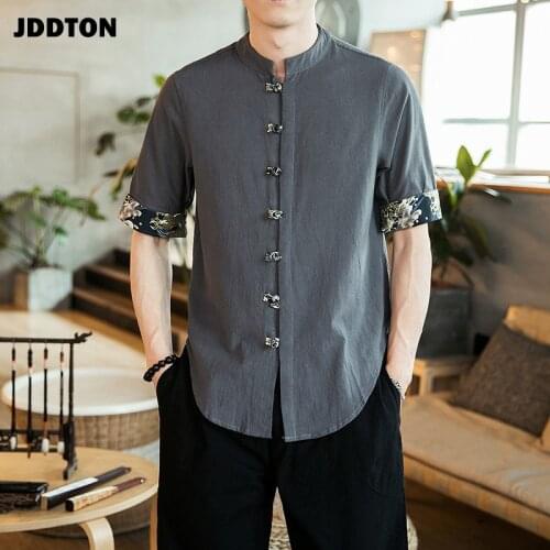JDDTON Summer Mens Short Sleeve Shirts Chinese Style Cotton Linen Shirt National Streetwear Casual Patckwork Loose Shirts JE630