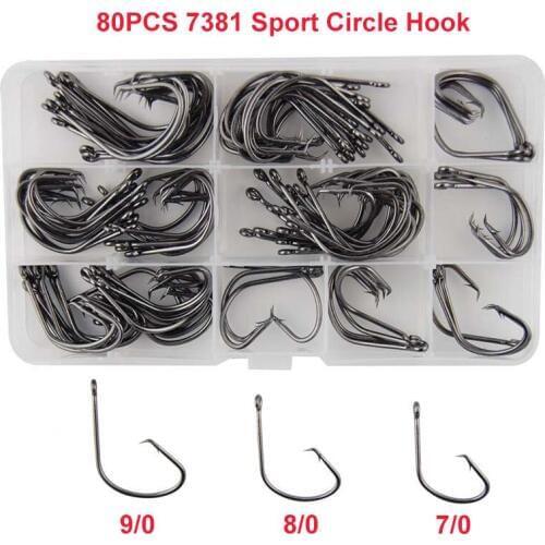Hyaena 80pcs Fishing Hooks 7381 High Carbon Steel Fishing Jig Hook Wide Gap Offset Circle Carp Fishing Accessories Set With Box