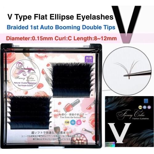 V type Flat Ellipse Grafting Eyelashes Braided 1st Auto Blooming Curl C Thickness 0.15mm Ellipse Flat Double Tips V shape Eyelas