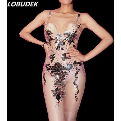 Sexy Women Bar Club Party Transparent Outfit Dance Costume Flashing Pearl Rhinestones Sequins Top Skirt 2-Pieces Set Stage Wear