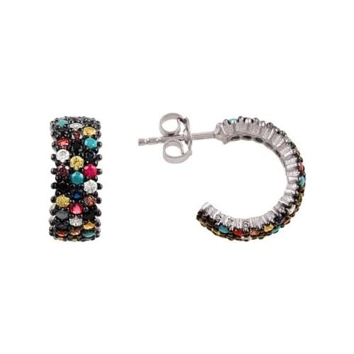 Silver 925 Sterling Rhodium Plated 3 Row Mixed Color Zircon Stone Tamtur Earrings