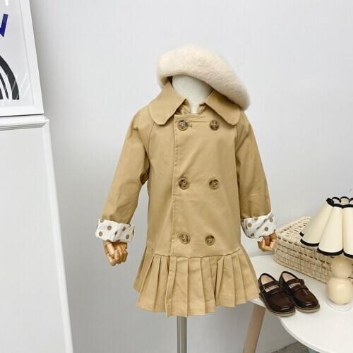 2 3 4 5 6 Years Toddler Girl Trench Coat Korean Style Lapel Double Breasted Pleated Khaki Windbreaker for Girl Child Jacket 2020