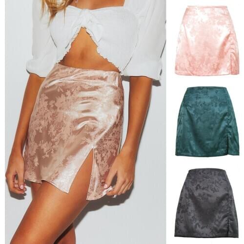Side Slit Short Skirt Women Summe Elegant Jacquard Satin Short Skirt Sexy High Waist Split Mini Skirt Vintage Zipper Skirt