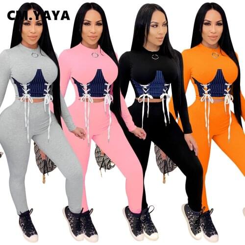 CM.YAYA Activewear Womens Set Croset Lace Up Crop Top Jogger Pant Set Sporty Tracksuit Fitness Two Piece Matching Set Outfits