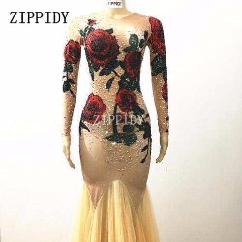 Fashion Multicolor Stones Rose Flowers Long Dress Stage Wear Nude Stretch Dress Women Singer Red Green Rhinestones Outfit