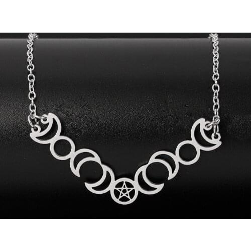 2020 Sun Moon Witchcraft Pentagram Necklaces Women Stainless Steel Silver Color Statement Necklace Jewelry Factory Price