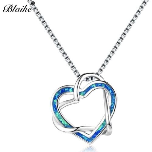 Blaike 925 Sterling Silver Love Heart Pendant Necklaces For Women Blue White Fire Opal Infinity Necklace Female Wedding Jewelry