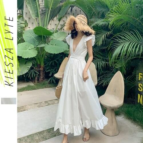 Women sexy maxi split party dress solid white fairy backless high waist deep V neck ruffle club dresses beach holiday sundress