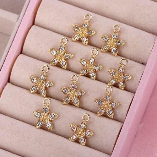 10Pcs Gold Color Alloy Flower Plant Rhinestone Charms 14*12mm Handmade Crafts Stars Charm For DIY Earring Accessories Wholesale