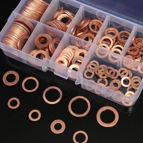 200Ps/box Copper Washer Gasket Nut and Bolt Set Flat Ring Seal Assortment Kit with Box M5/M6/M8/M10/M12/M14 for Sump Plugs Water