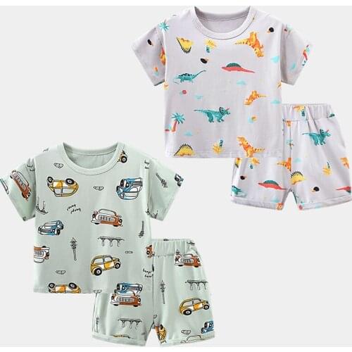 2021 2pcs Summer Baby Boy Children Gentlman Cartoon Printing Suit Tops + Cotton Short Boys Clothes Kids Clothes sets 2-7