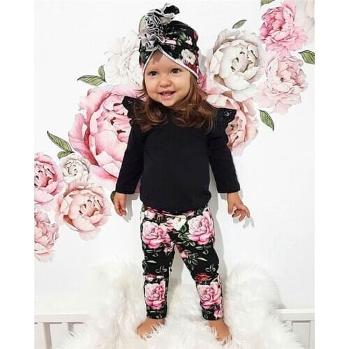 Free shipping Toddler Baby Girls Clothes Long Sleeve solid Ruffle lace Bodysuit Flower print Pants bow Headband 3pc kids Outfits