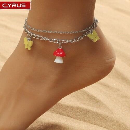 Bohemian Butterfly Anklets for Women Multi-layer Sliver Color Mushroom Pendant Anklet Fashion Ankle Bracelet Jewelry Wholesale