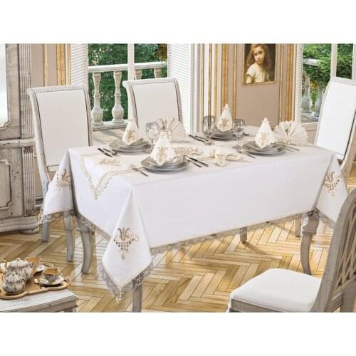 Elegant Tulip Embroidered Lacy Rectangular Tablecloth Set Cream-Coppuccino Color Dining Table Cover-Runner-Napkin-Ring 26 Pieces