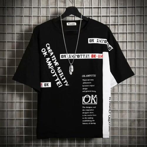 Personality Trend Harajuku Short Sleeve T-Shirt Mens Korean Fashion Summer Mens Loose New 5.5-Sleeve Sports T-Shirt Popular Yo