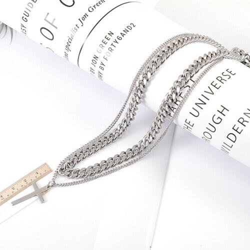 Hip Hop Vintage Cross Pendant Necklace Women Stainless Steel Double Layer Chain Necklaces Fashion Jewelry Mujer Colar