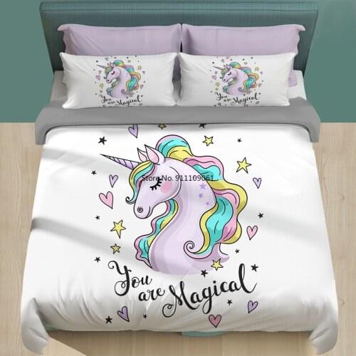 Unicorn Duvet Cover Single 150x200 Cute Bedding Set for Girls Cartoon Bed Cover Twin Queen King Size Pink White Kids Bed Cover