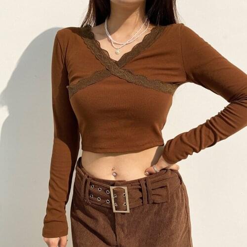 Casual Female Crop Top Solid Color Lace Patchwork V-Neck Long Sleeve Base T-Shirt Pullover for Summer Fall S/M/L 3Colors