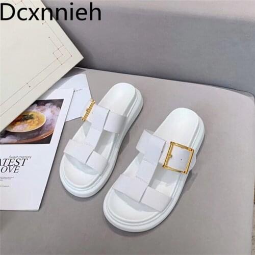 Summer Buckle strap Decoration Open Toe Beach Slippers Women Flat Thick Sole Sandals Comfort flip flops Ladies Slides shoes 2021