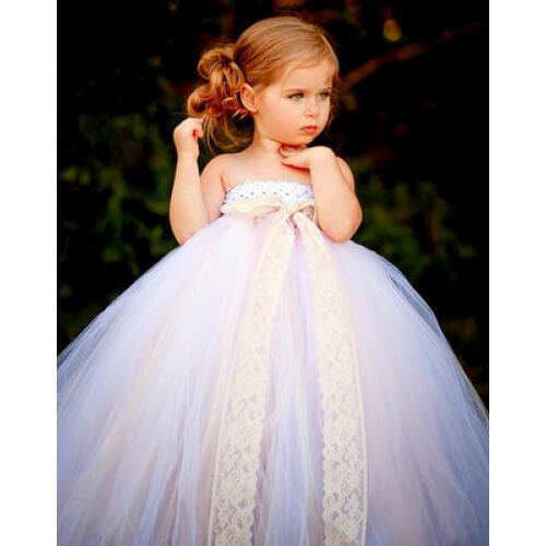 Cute Girls White Lace Tutu Dress Kids Fluffy Crochet Long Tulle Tutus Ball Gown with Ribbon Bow Children Wedding Party Dresses