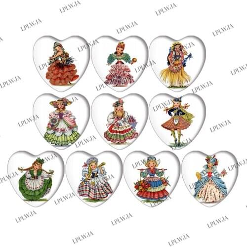 Zdying Handmade Photo Retro Ethnic Mexican English France Girl Pattern Heart Shape Glass Cabochons Cover Pendant Cameo Settings