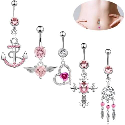 1PC Sexy Navel Piercing Belly Ring Belly Button Ring Barbell Heart Dangling Ombligo Party 14g Pink Cross for Woman Body Jewelry