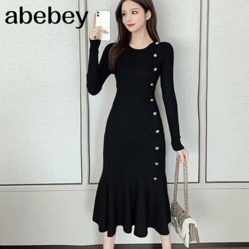 Chic Button O-neck Slim Fit Knitted Wome Dresses Autumn New Mid-length Trumpet Dress Solid Color High Waist Vestidos