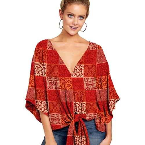 Vintage V-Neck Short Sleeve Knotted Print Top Spring Summer Womens Bow Shirt Casual Loose Shirts Daily Commute Wear Outfit