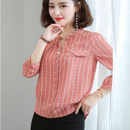 Womens Spring Summer Style Chiffon Blouse Shirt Womens Button O-Neck Long Sleeve Elegant Striped Loose Korean Tops DD8365