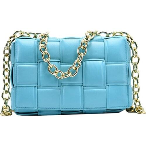 Women Metal Chain PU Leather Weaving Handle Bag Luxury Fashion Design Plaid Shoulder Bag Comfortable Pillow Shape Bag