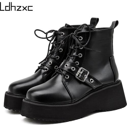 Gdgydh Punk Style Platform Women Ankle Boots Wedge Heel Fashion Buckle Ladies Chunky Shoes Black 2020 Fall Spring Great Quality